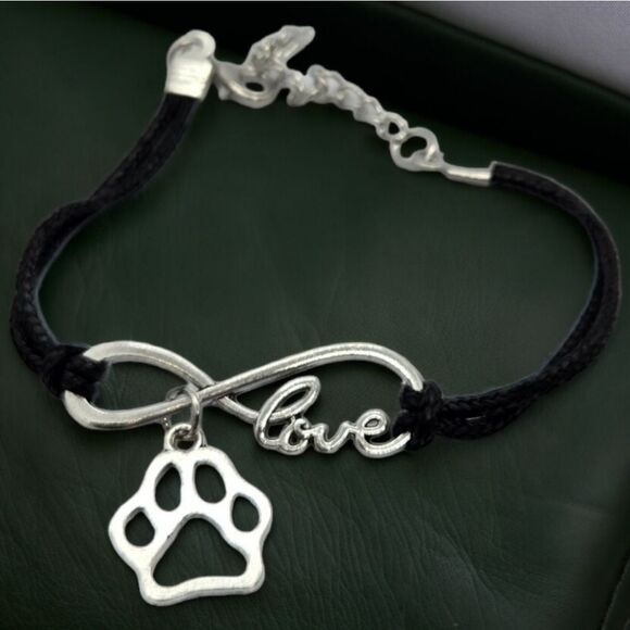 Paw Print 🐾 Dog Mom 🐾 Cat Lady Pet Lover Charm Bracelet Black Faux Leather - Picture 8 of 11